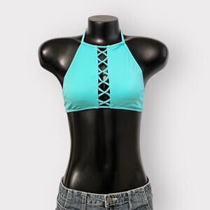 Victoria's Secret Womens High Neck Swim Top sz XS Teal Green Mock Lace Up Chest
